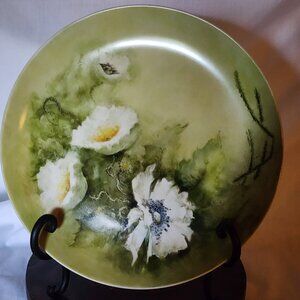 Vintage Green White Floral Hand Painted Plate - 9.5"